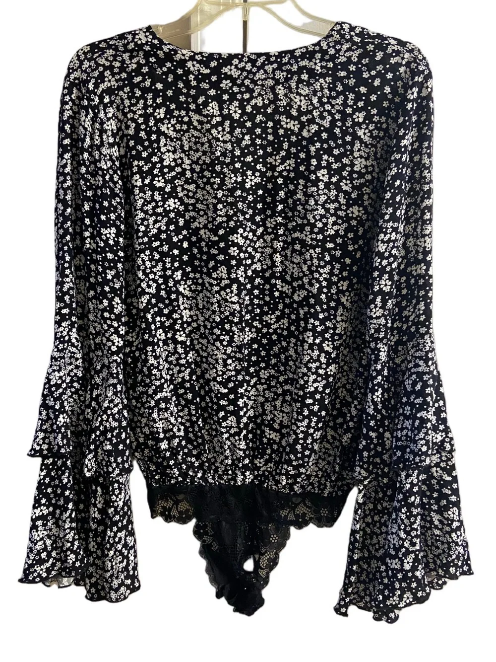 Free People Intimately Black White Ditzy Floral Ruffle Bell Sleeve Bodysuit Top